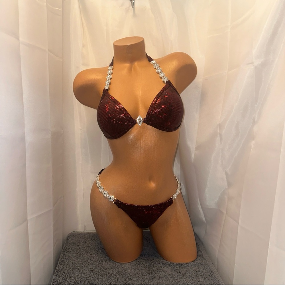 Npc pro cut bikini suit handmade burgundy 34d cup xs small crystal connectors
